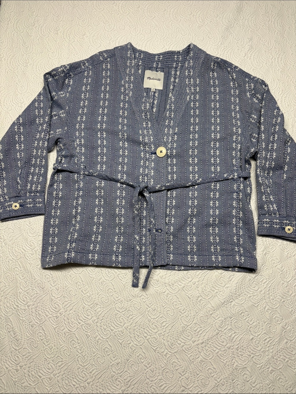 Madewell Blue Patterned Tie-Waist Jacket